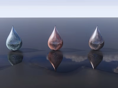 Three Teardrop Shaped Sculptures Blue Copper Silver With Reflections On Black Surface 3d model