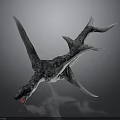 Gray Pterosaur Model With Spread Wings And Red Mouth On Dark Background