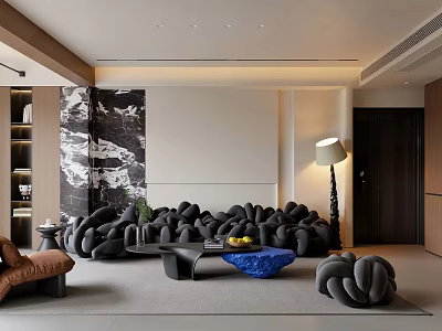 Modern Living Room Interior With Grey Modular Sofa Blue Coffee Table And Wall Art 3d model