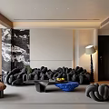 Modern Living Room Interior With Grey Modular Sofa Blue Coffee Table And Wall Art