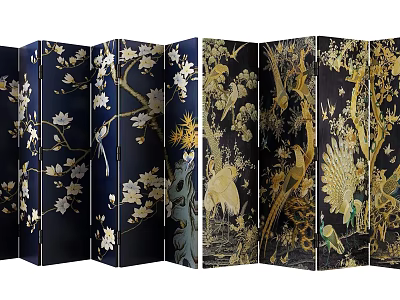 Traditional Handcrafted Room Divider With Floral Bird Patterns And Golden Accents On Black Background 3d model