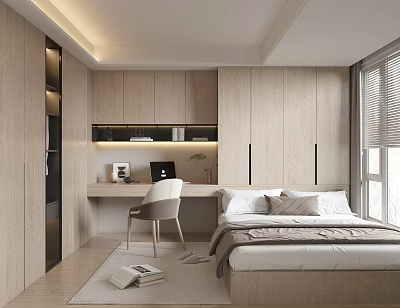 Modern Minimalist Tatami Bedroom Interior With Wooden Cabinets Desk Bed And Roller Blinds 3d model