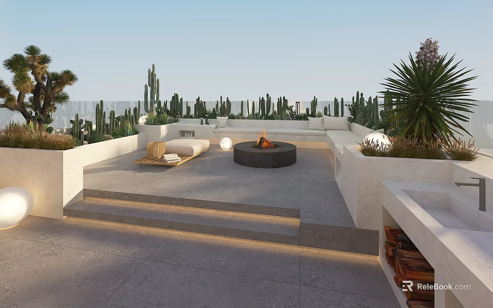 Rooftop Garden Outdoor Space With Cacti Fire Pit Seating Area And Steps 3d model 