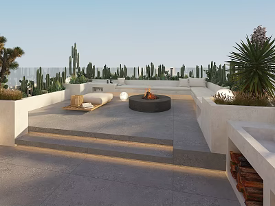 Rooftop Garden Outdoor Space With Cacti Fire Pit Seating Area And Steps 3d model