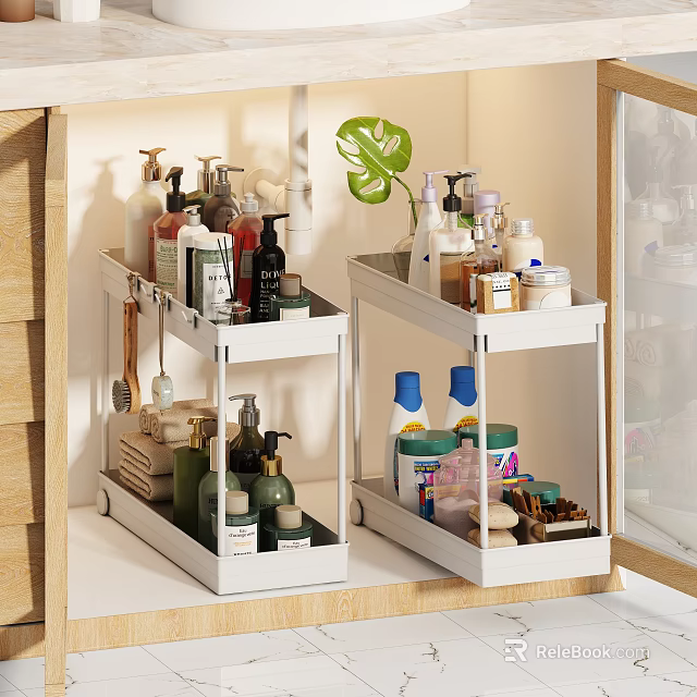 Bathroom Accessories Organized On White Tiered Shelves With Shampoo Bottles Lotions And Brushes 3d model 
