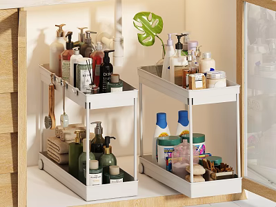 Bathroom Accessories Organized On White Tiered Shelves With Shampoo Bottles Lotions And Brushes 3d model