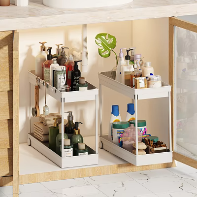 Bathroom Accessories Organized On White Tiered Shelves With Shampoo Bottles Lotions And Brushes 3d model