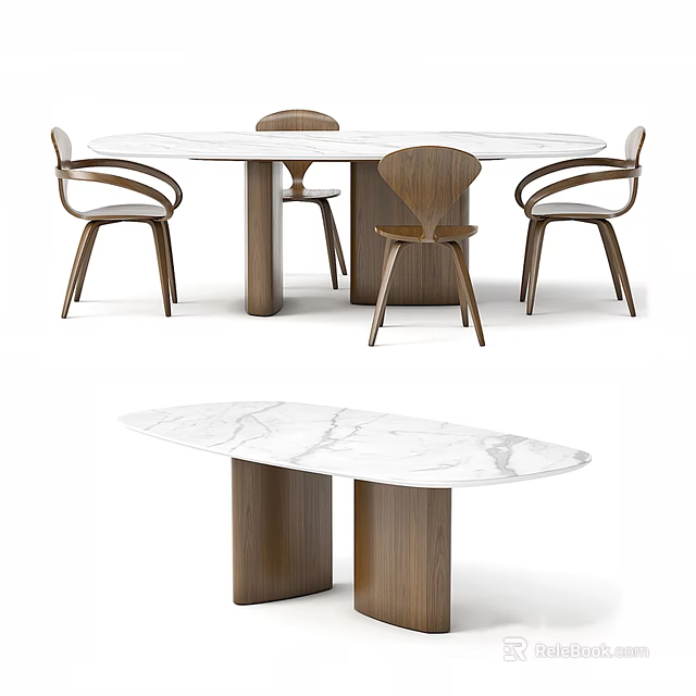Modern Dining Table Set With Marble Tabletop Wooden Legs And Curved Chairs 3d model 