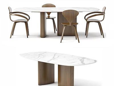 Modern Dining Table Set With Marble Tabletop Wooden Legs And Curved Chairs 3d model
