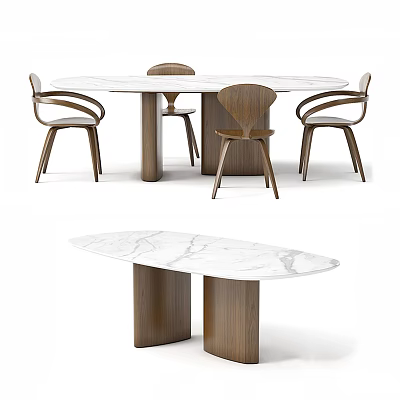 Modern Dining Table Set With Marble Tabletop Wooden Legs And Curved Chairs 3d model