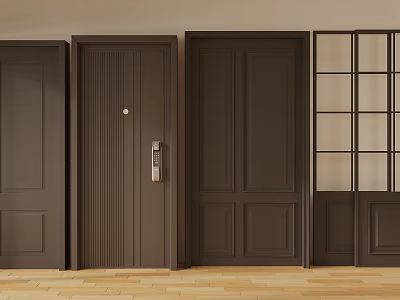 Dark Brown Modern Sliding Doors With Various Panel Designs And Glass Pane Insert 3d model