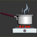 Silver Cooking Pot With Red Handle On White Hot Plate Boiling Blue Liquid