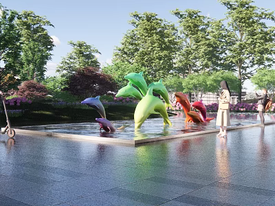 Colorful Balloon Animal Sculptures In Outdoor Water Feature With Trees And People 3d model