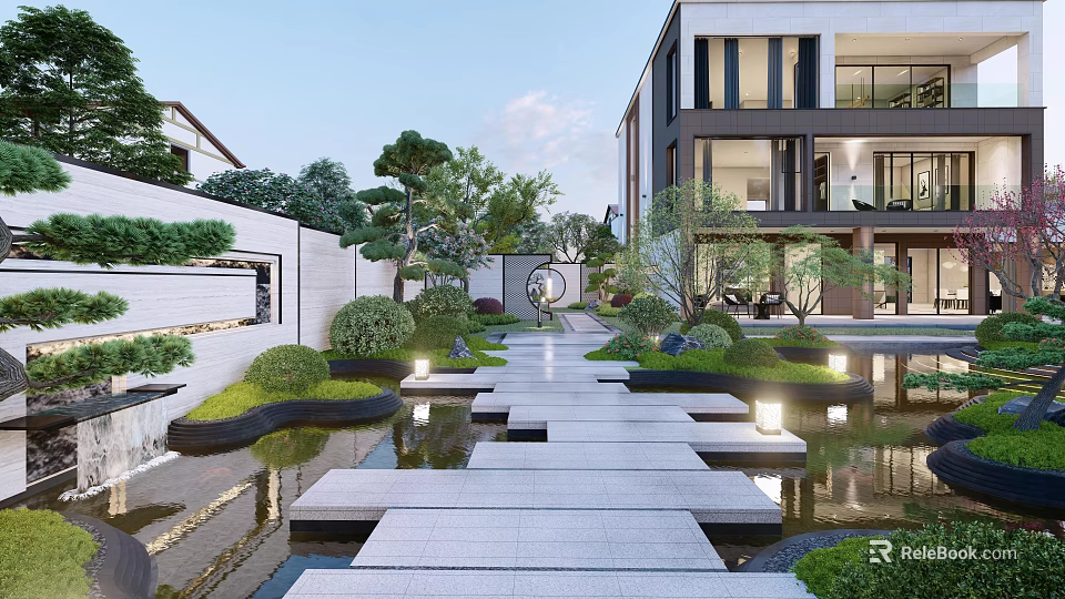 Karesansui Garden In Modern Courtyard With Stone Pathway Small Ponds Green Plants And Lighting 3d model 