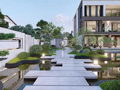 Karesansui Garden In Modern Courtyard With Stone Pathway Small Ponds Green Plants And Lighting 3d model