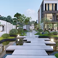 Karesansui Garden In Modern Courtyard With Stone Pathway Small Ponds Green Plants And Lighting