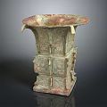 Ancient Chinese Bronze Ritual Vessel With Intricate Carvings Square Structure And Top Rim