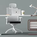 Modern Office Desk With Ergonomic Chair Laptop Desk Lamp Coffee Cup And Drawer Cabinet