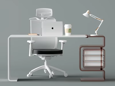 Modern Office Desk With Ergonomic Chair Laptop Desk Lamp Coffee Cup And Drawer Cabinet 3d model