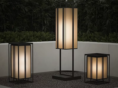 Modern Floor Standing Outdoor Lights With Black Frames Beige Shades And Green Plants In Garden 3d model