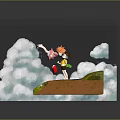 Girl Character On Green Grass Cliff Lifting Foot Holding Red Green Items Clouds And Puddle
