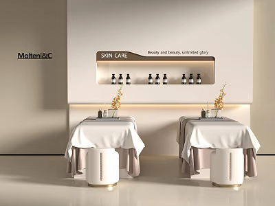 Modern SPA Advanced Beauty Care Clinic Interior with White Tablecloths Flowers and Bottles 3d model
