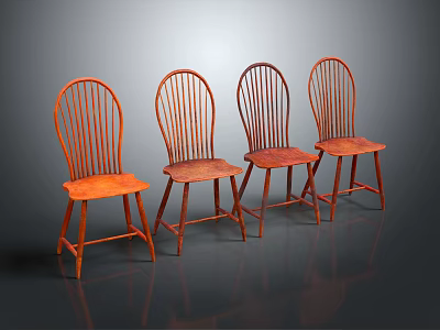 Four Red Wooden Leisure Chairs with Curved Backrests Arranged Together 3d model