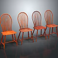 Four Red Wooden Leisure Chairs with Curved Backrests Arranged Together