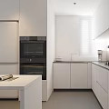 Modern Minimalist Kitchen Interior With White Cabinets Black Oven Countertops And Window Blinds
