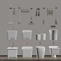 White Bathroom Fixtures And Wall Mounted Cleaning Tools In Ceramic Design 3d model
