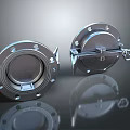 Shiny Circular Metal Components With Bolted Structure And Clamping Handles On Dark Background