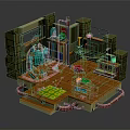 Cartoon Room Scene With Stone Walls Bookshelves Red Bed Blue Machine TV And Green Rug