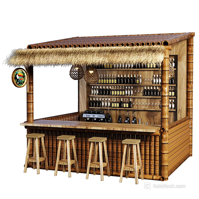 Tropical Bamboo Bar With Thatched Roof Wooden Bar Counter Stools Wine Racks and Bottles 3d model 
