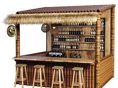 Tropical Bamboo Bar With Thatched Roof Wooden Bar Counter Stools Wine Racks and Bottles 3d model