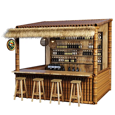 Tropical Bamboo Bar With Thatched Roof Wooden Bar Counter Stools Wine Racks and Bottles 3d model