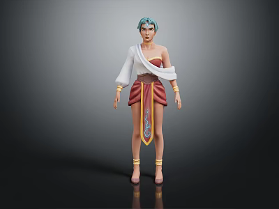 3D Game Character With Teal Hair White Shawl Red Skirt Golden Accents And Sandals 3d model