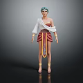 3D Game Character With Teal Hair White Shawl Red Skirt Golden Accents And Sandals