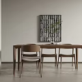 Modern Minimalist Dining Table Set With Wooden Tabletop Simple Chairs Wall Art And Plant