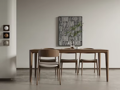 Modern Minimalist Dining Table Set With Wooden Tabletop Simple Chairs Wall Art And Plant 3d model