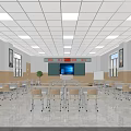 Spacious School Classroom With Desks Chairs Blackboard Projector Screen Windows And Lighting 3d model