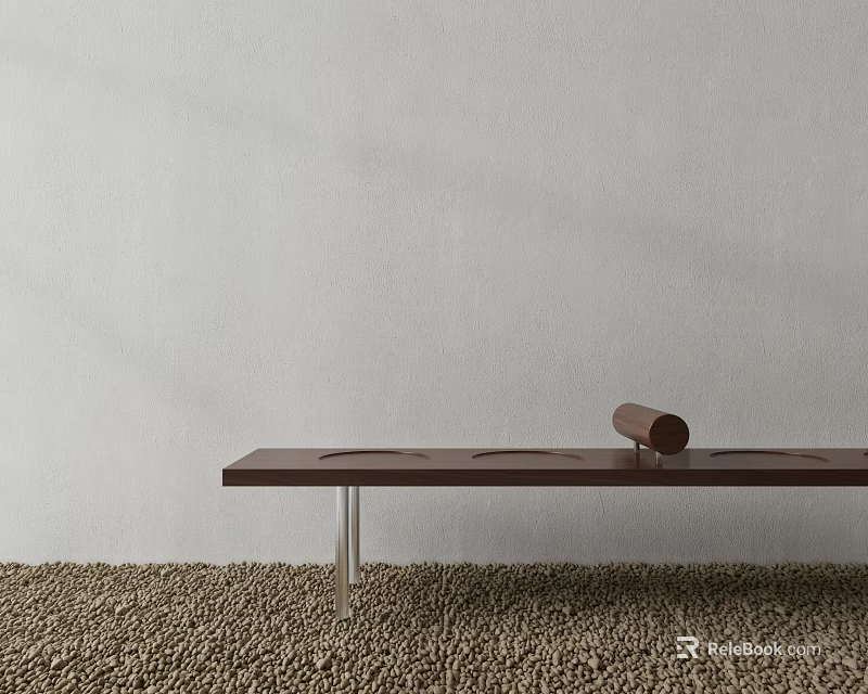 Modern Wooden Bench With Transparent Legs On Pebble Ground Against Gray Wall And Cylindrical Object 3d model 