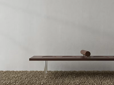 Modern Wooden Bench With Transparent Legs On Pebble Ground Against Gray Wall And Cylindrical Object 3d model