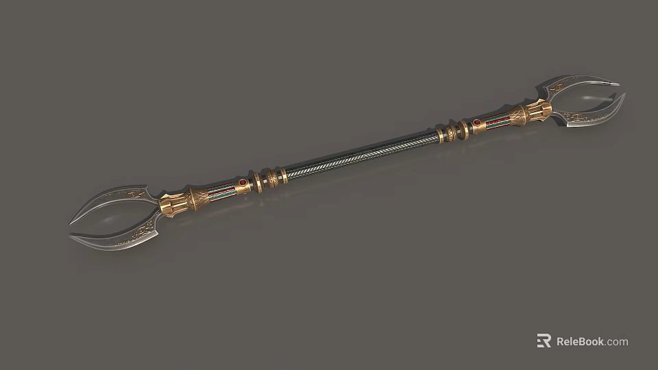 Ancient Mythical Weapon With Long Metallic Shaft And Golden Decorative Ornaments 3d model 