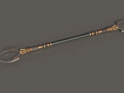 Ancient Mythical Weapon With Long Metallic Shaft And Golden Decorative Ornaments 3d model