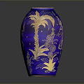 Blue Vase With Golden Carved Human Figure And Palm Tree Designs