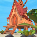 Cartoon Tropical Island Scene With Red Roof Hut Palm Trees And Blue Water