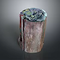 Weathered Wooden Stump With Stone Copper Patina Accents And Natural Grain Texture