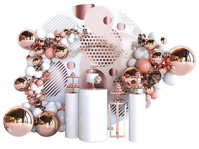 Pink And Gold Inflatable Sphere Models With White Columns For Event Decoration Setup 3d model