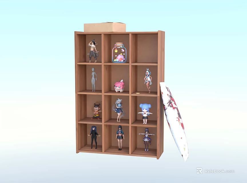 Wooden Display Shelf With Various Female Doll Figurines And Open Box 3d model 