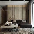 Modern Living and Dining Room Interior With Wooden Slat Wall Dark Sofa and Coffee Table